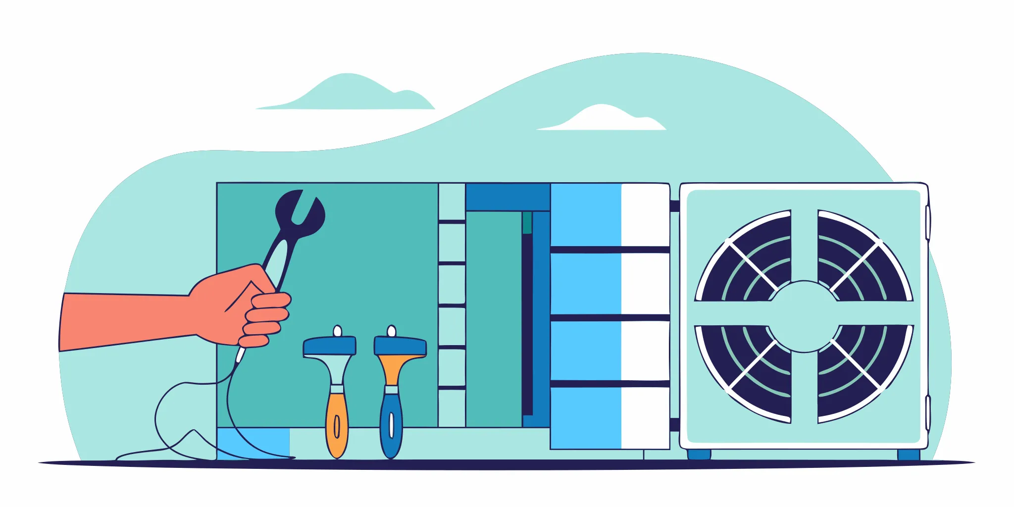 A person uses a wrench to perform an AC capacitor replacement on an open unit.