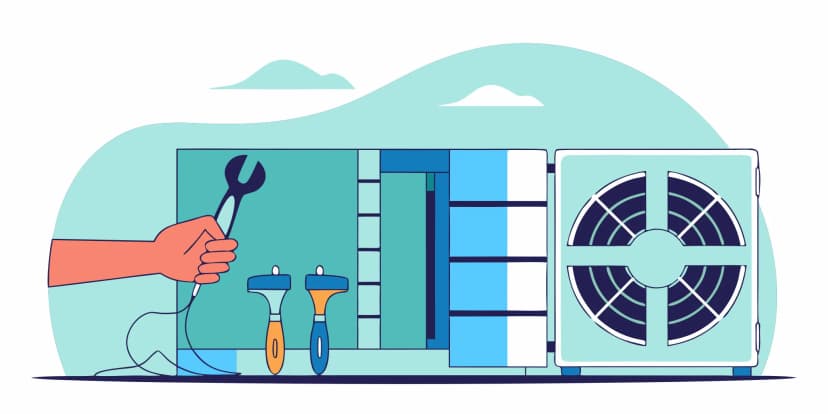 A person uses a wrench to perform an AC capacitor replacement on an open unit.
