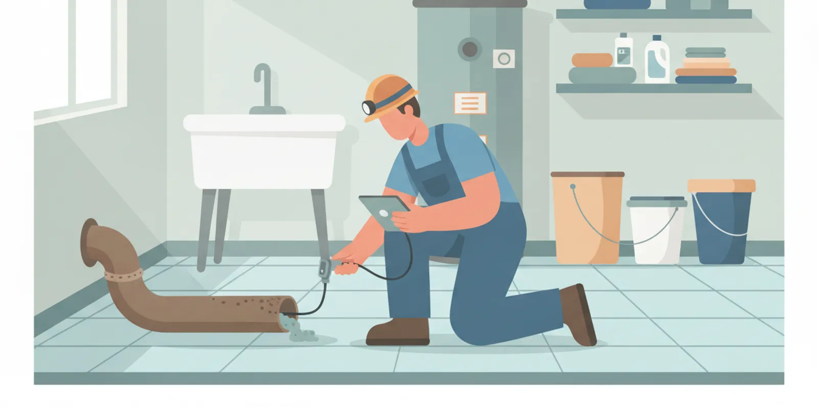 Technician examining an older cast iron pipe during a property inspection
