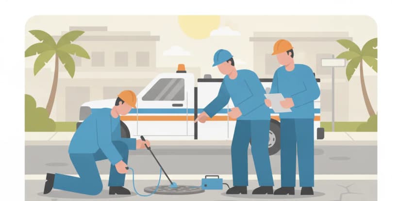 Municipal field team inspecting a water main access point beside a city street