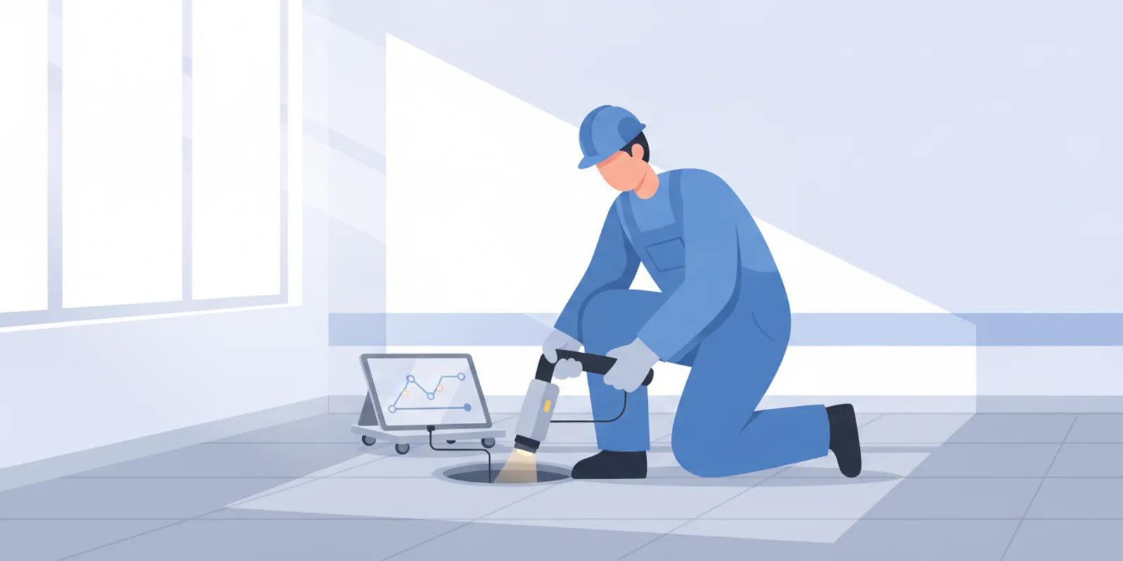 Technician inspecting a commercial drain line with a camera