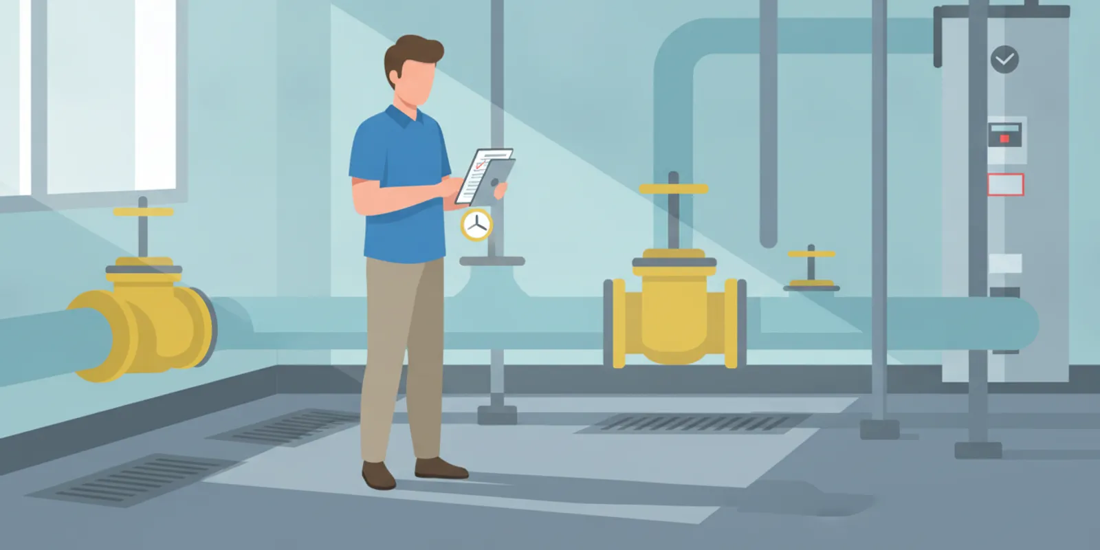 Facility manager reviewing pipe and drainage maintenance records at a commercial property