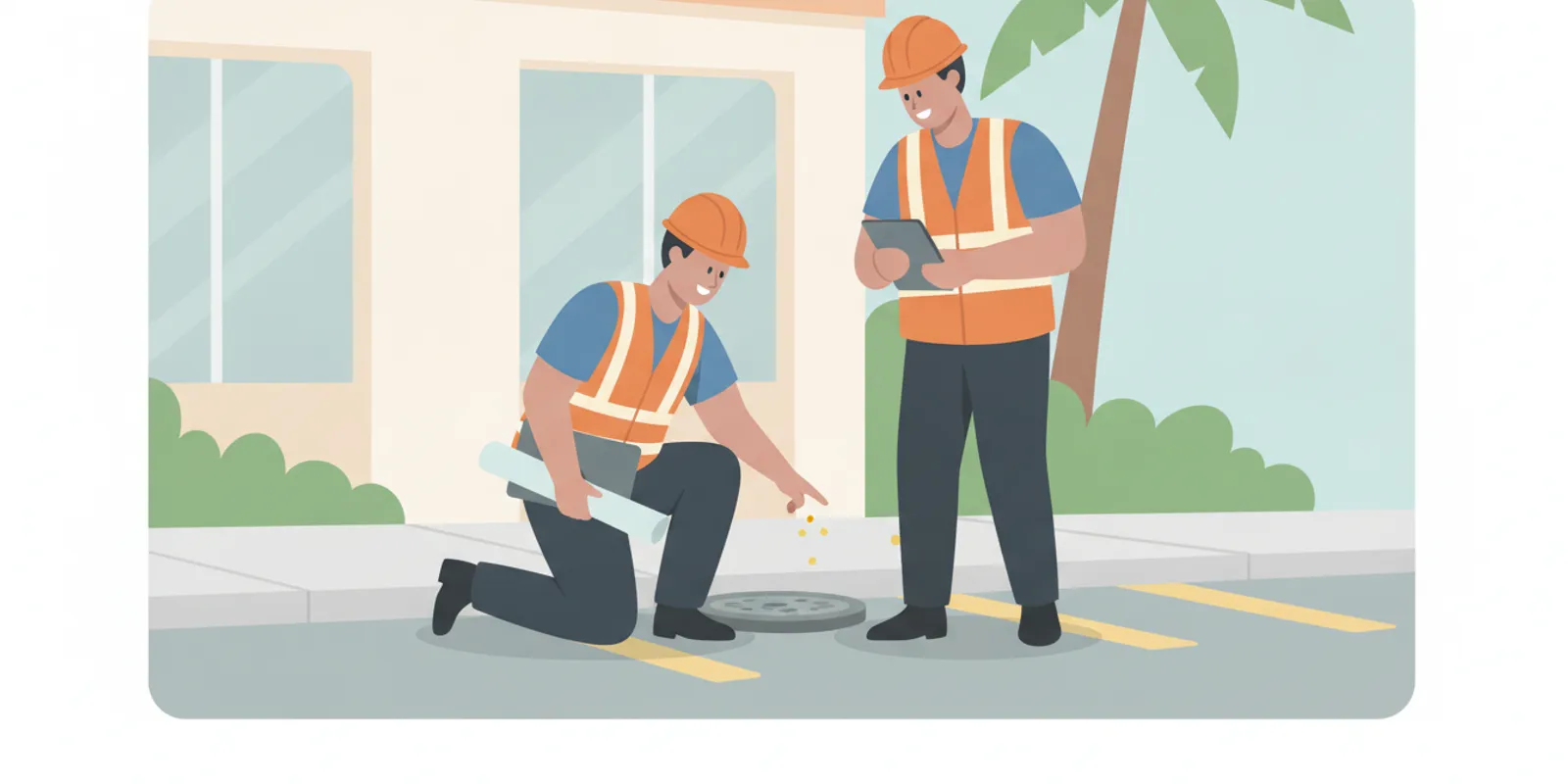 Technicians assessing a commercial water main site before repair work