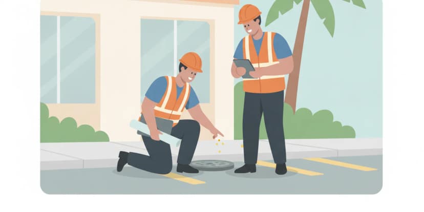 Technicians assessing a commercial water main site before repair work