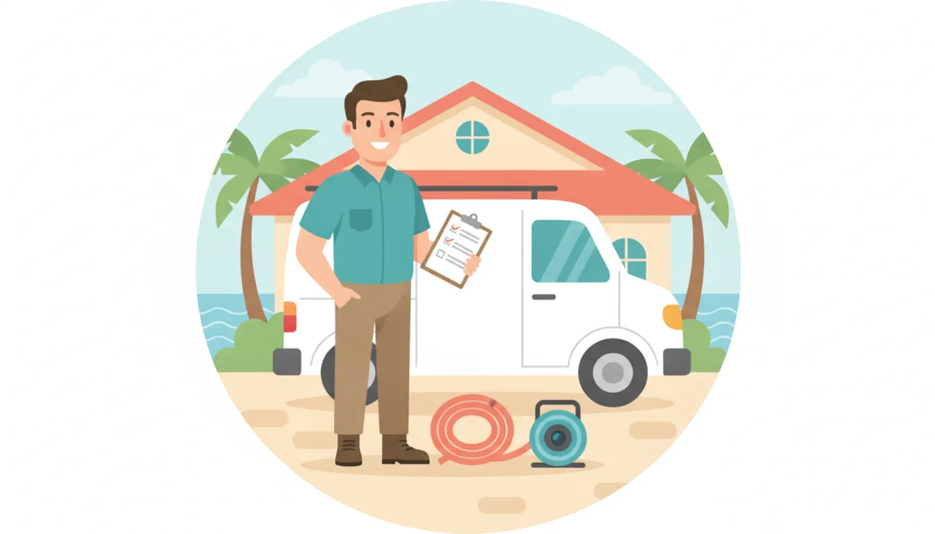 A drain cleaning company technician reviewing a hiring checklist beside a service van at a Florida home