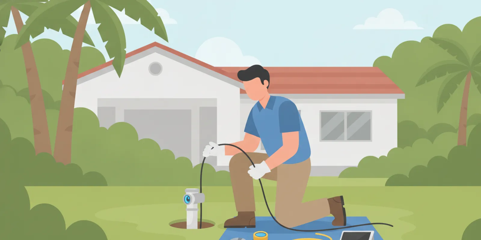 Pipe specialist examining a small access point to an underground water line