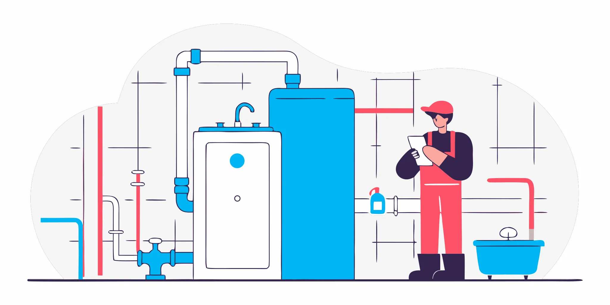 Technician performing HVAC service and repair on system pipes.