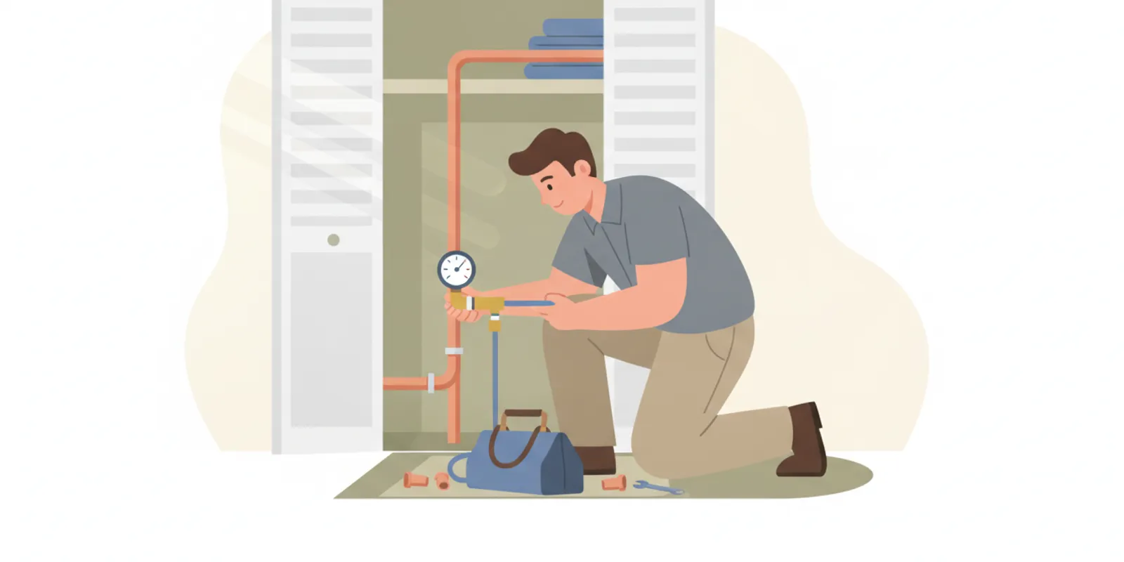 Technician checking a water line pressure gauge during a residential leak test