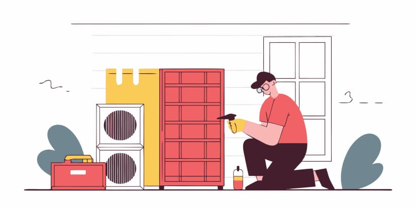Homeowner performing a DIY outside AC unit repair with tools.