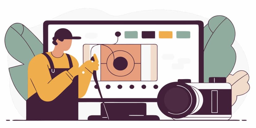 Roundish flat vector illustration showing a plumber performing a sewer camera inspection with a monitor displaying pipe footage.
