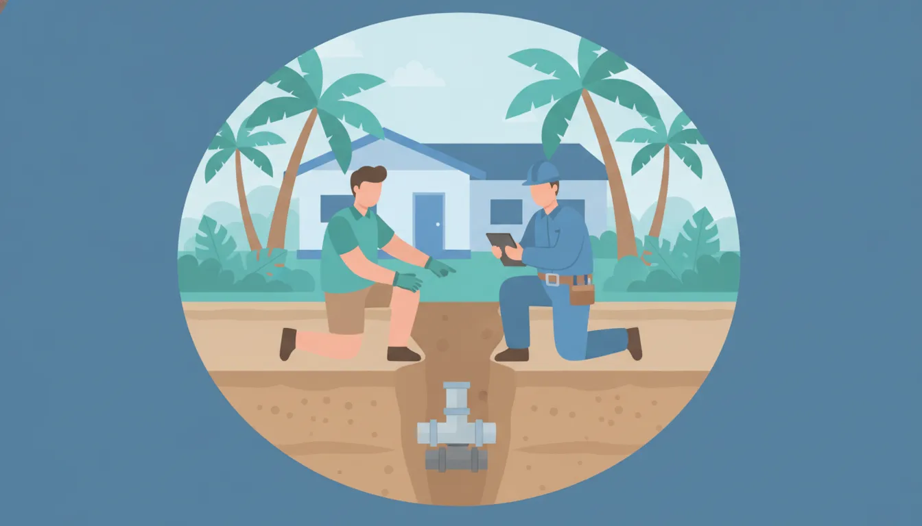 Pipe specialist and homeowner reviewing sewer pipe options in a Florida yard