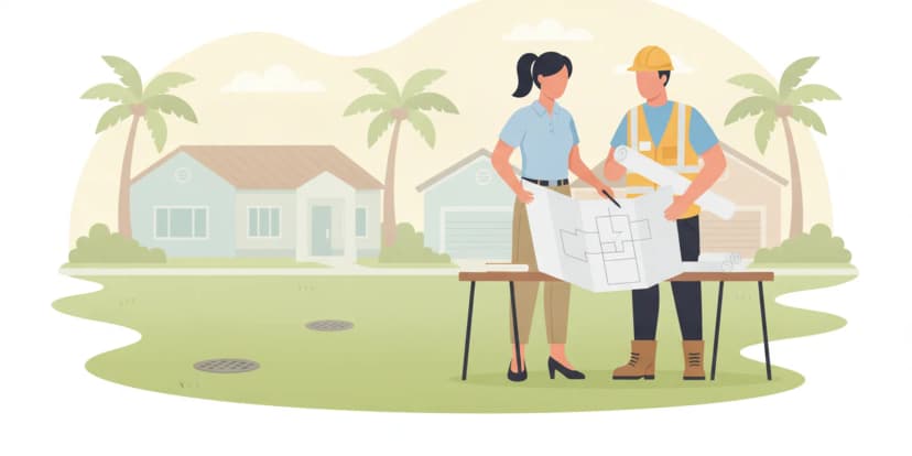 A property manager and contractor reviewing a sewer rehabilitation plan beside a residential community