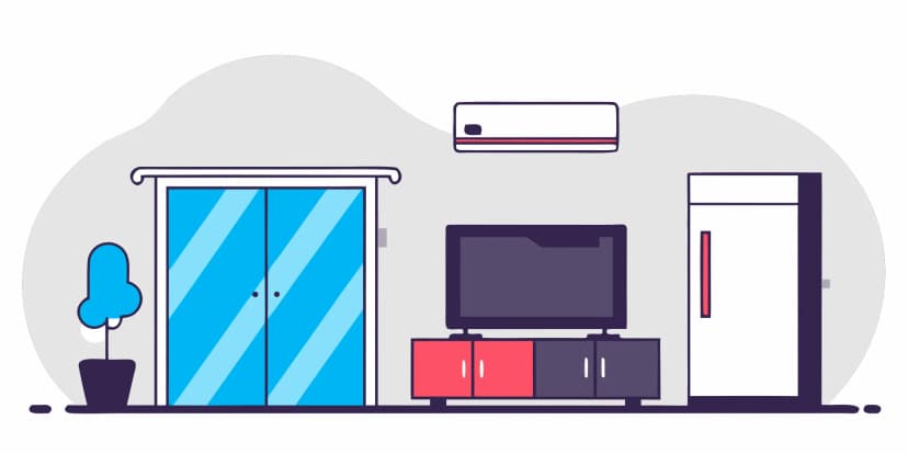An air conditioner in a living room, central to the decision of whether to repair or replace it.