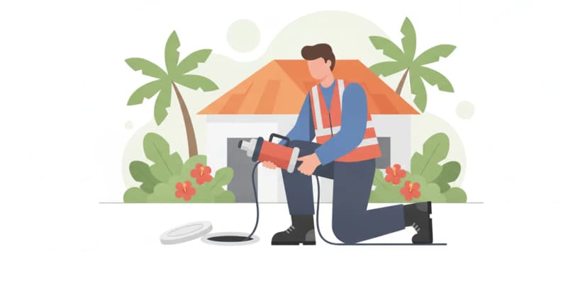 Pipe technician preparing smoke-testing equipment beside a private sewer cleanout