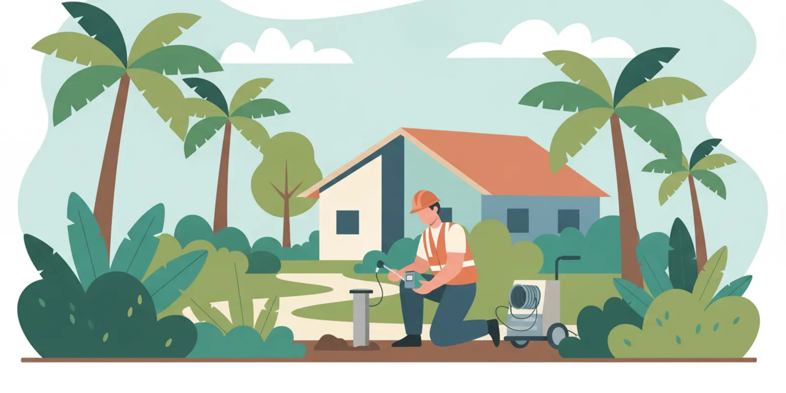 Pipe specialist assessing a residential water line access point before replacement