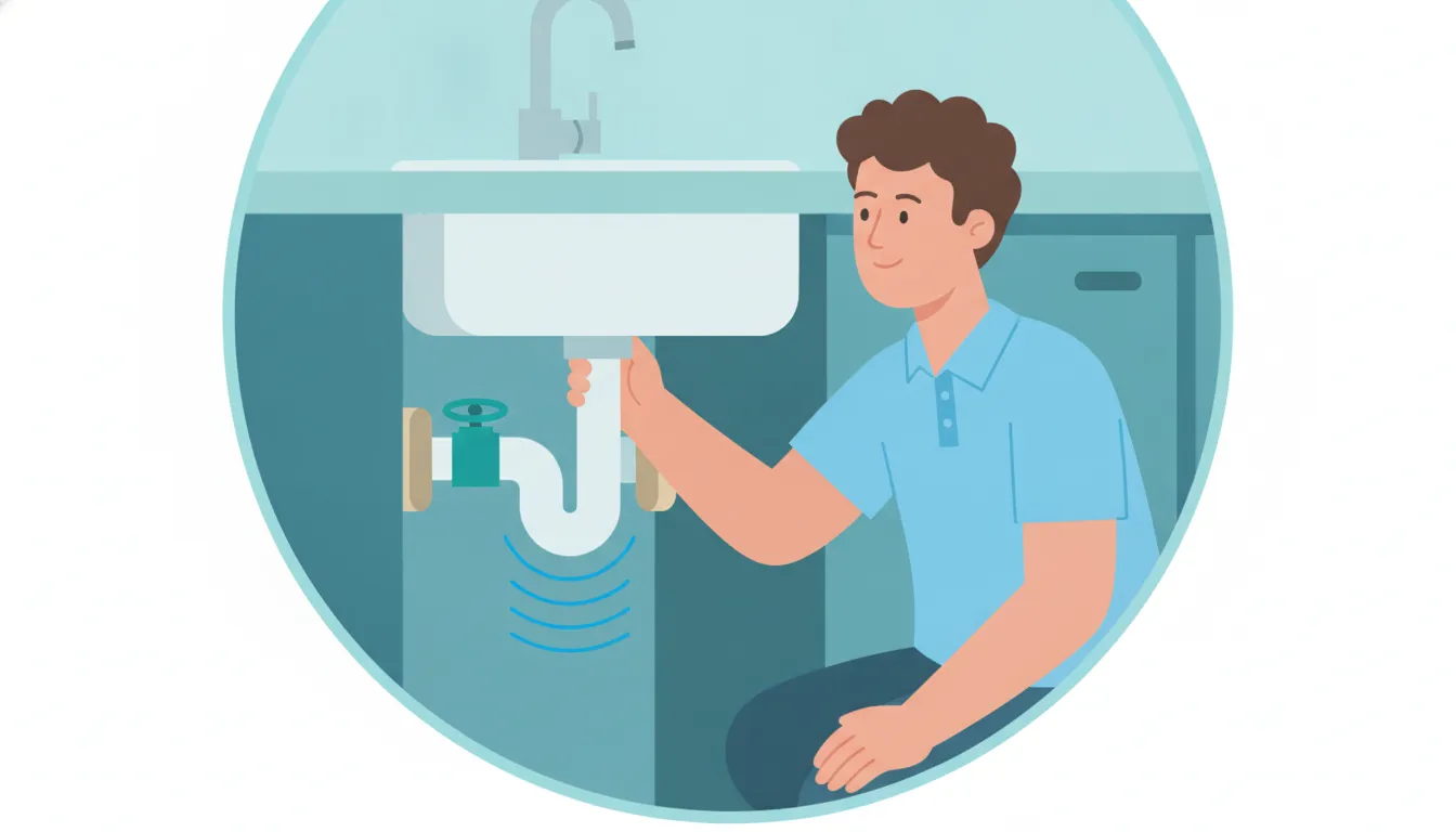 Vector illustration of a homeowner checking a vibrating water pipe under a sink