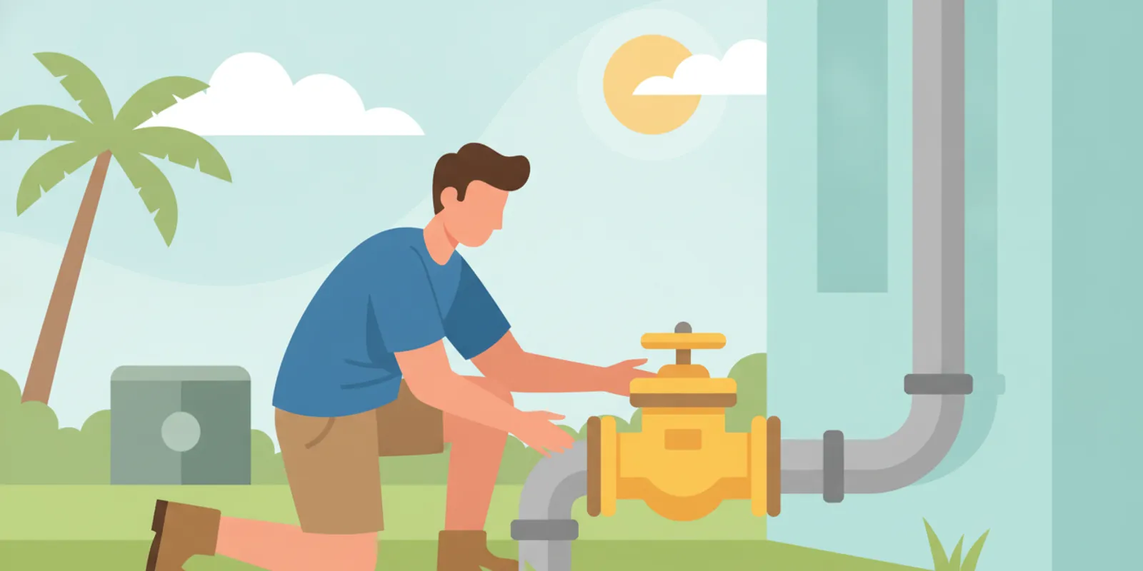Technician inspecting a backflow prevention assembly near a Florida property