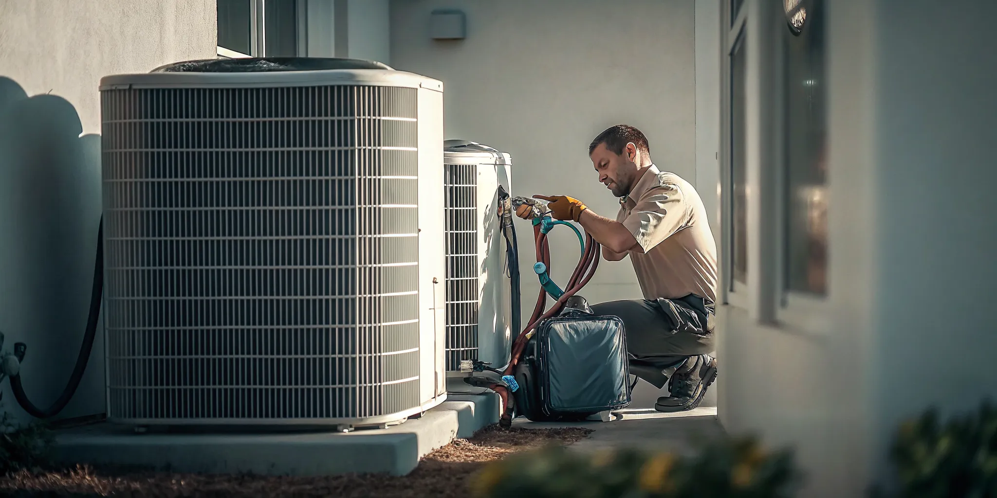 An HVAC technician who fixes air conditioners works on an outdoor unit.